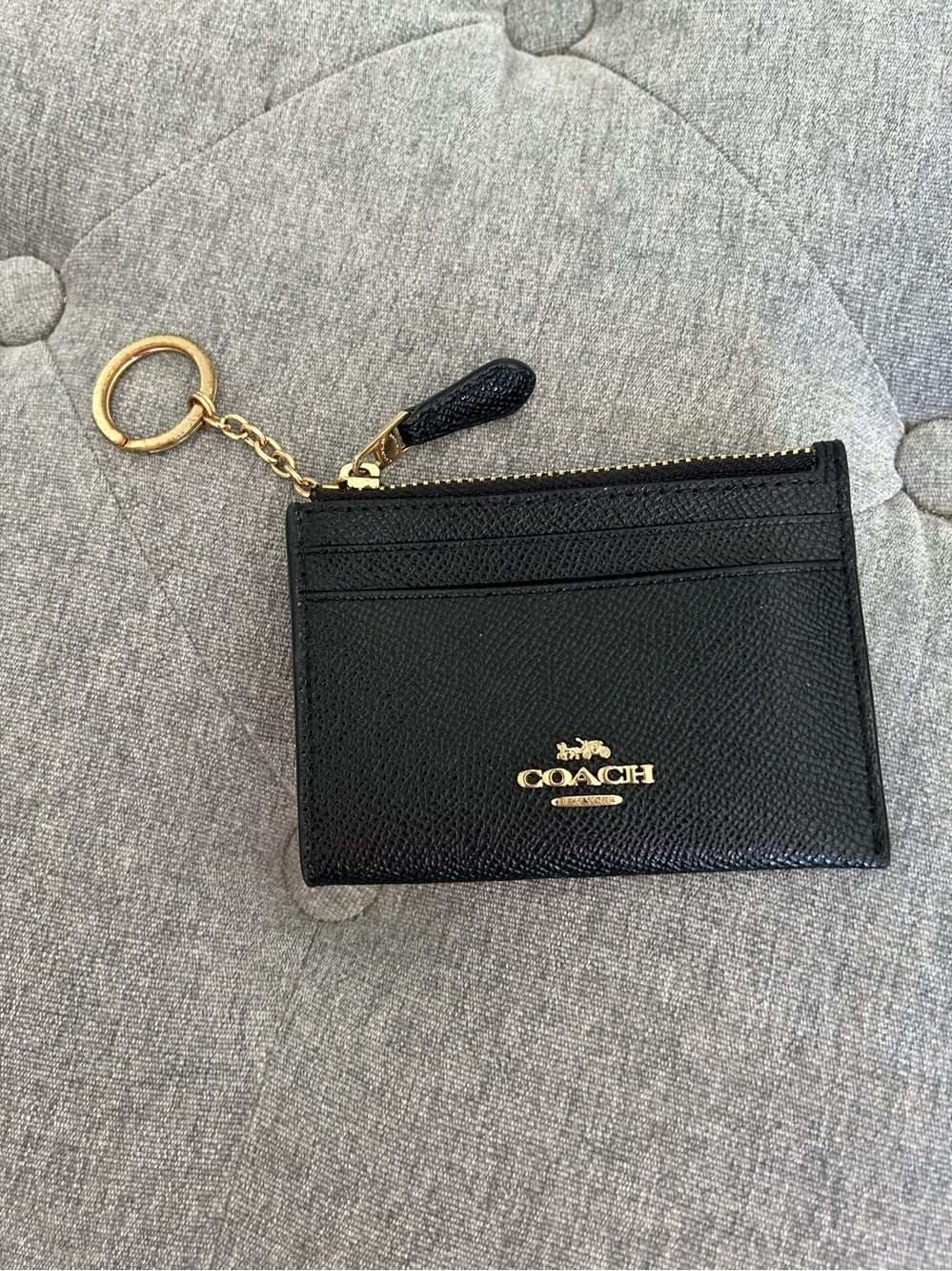 Coach Black Saffiano Leather Card Case Key Holder with Gold-Tone Hardware